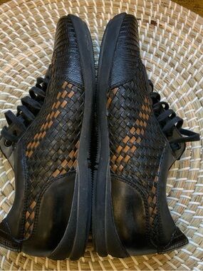 Men's Black Woven Leather Slip-On Sneakers with Tan Underlay
